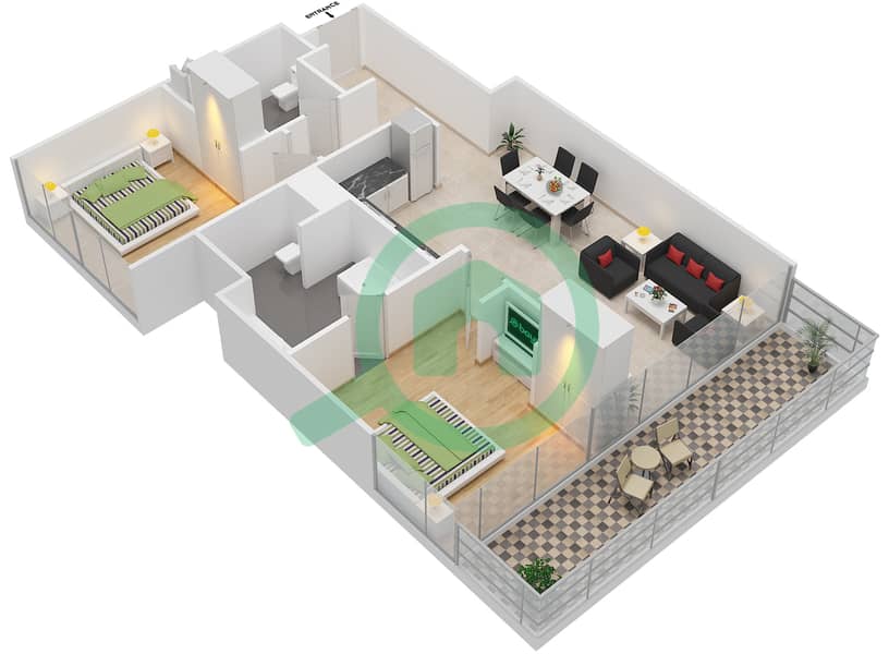迪拜滨海维达公寓 - 2 卧室公寓类型／单位D,E / 2,7 FLOOR 26-48戶型图 D,E / Unit 2,7 Floor 26-48 interactive3D