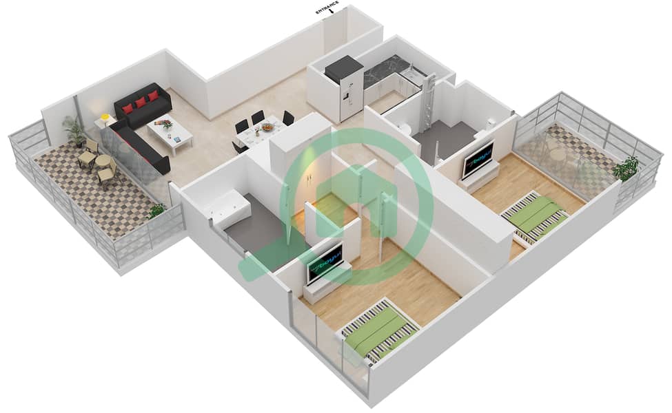 المخططات الطابقية لتصميم النموذج / الوحدة B,C / 3,6 FLOOR 26-48 شقة 2 غرفة نوم - فيدا ريزيدنس دبي مارينا B,C / Unit 3,6 Floor 26-48 interactive3D