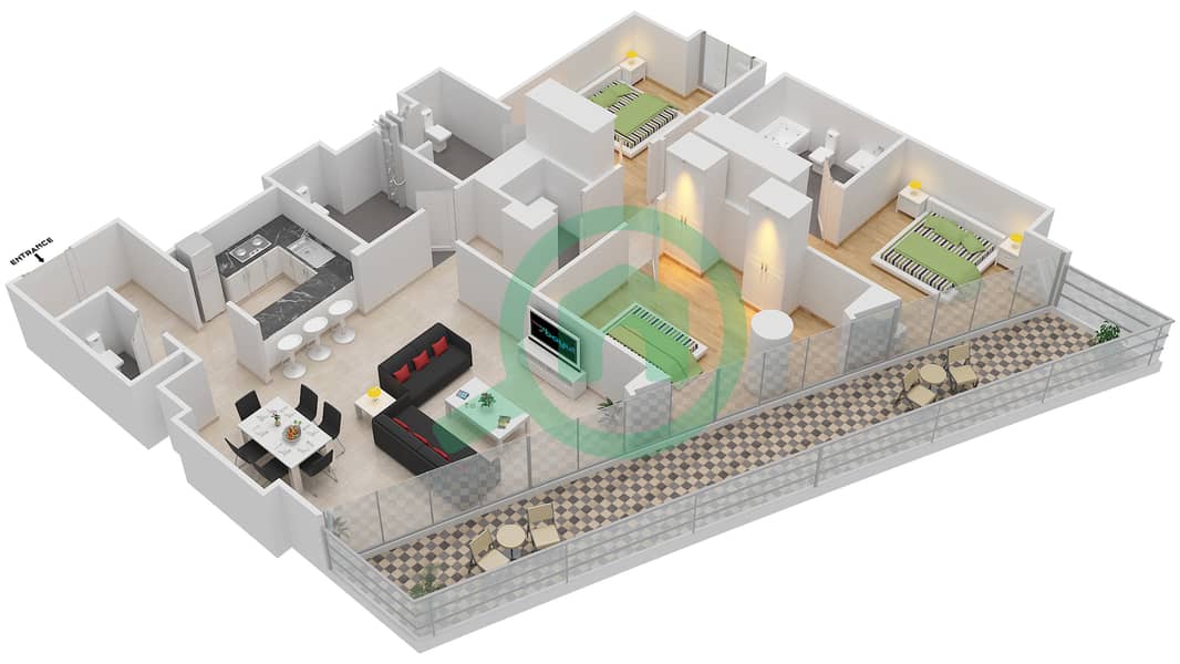 迪拜滨海维达公寓 - 3 卧室公寓类型／单位F / 6 FLOOR 2-5戶型图 F / Unit 6 Floor 2-5 interactive3D