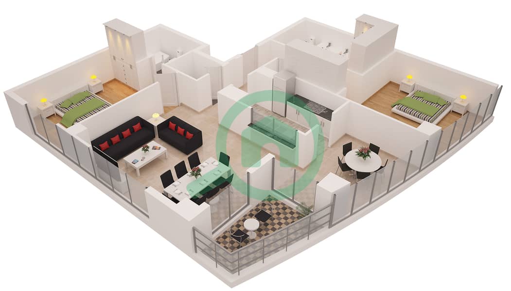 德尔菲娜大厦 - 2 卧室公寓类型3戶型图 interactive3D
