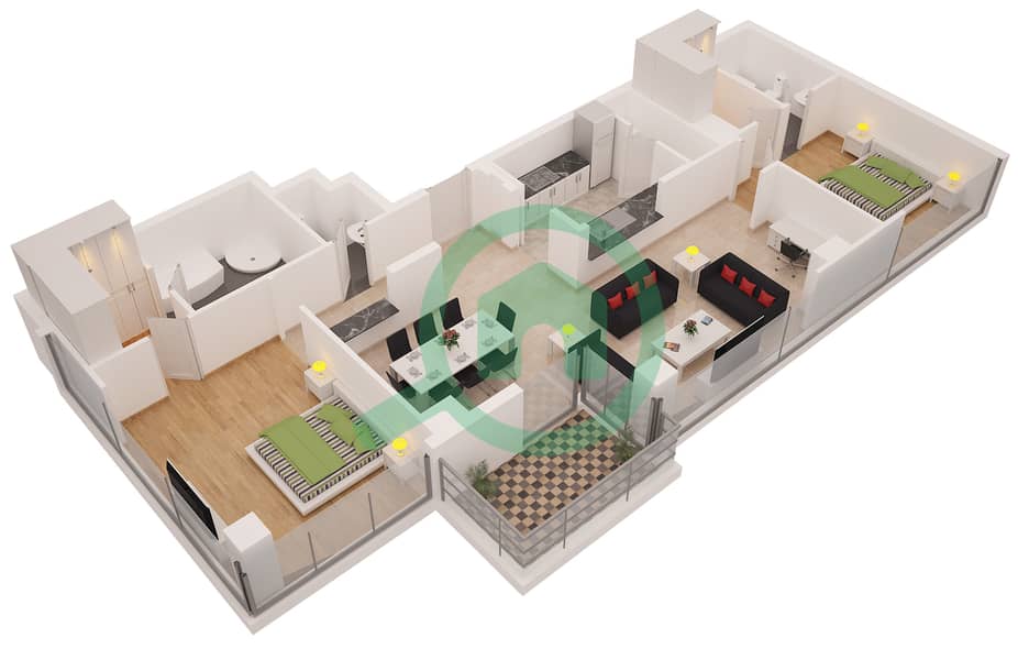 المخططات الطابقية لتصميم النموذج 1 شقة 2 غرفة نوم - ديلفين interactive3D