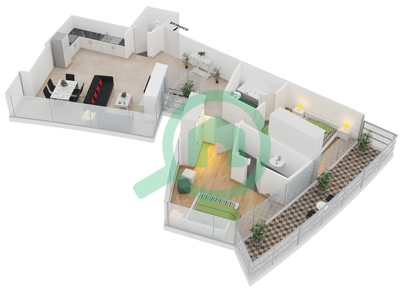 المخططات الطابقية لتصميم الوحدة 1410 شقة 2 غرفة نوم - داماك هايتس interactive3D
