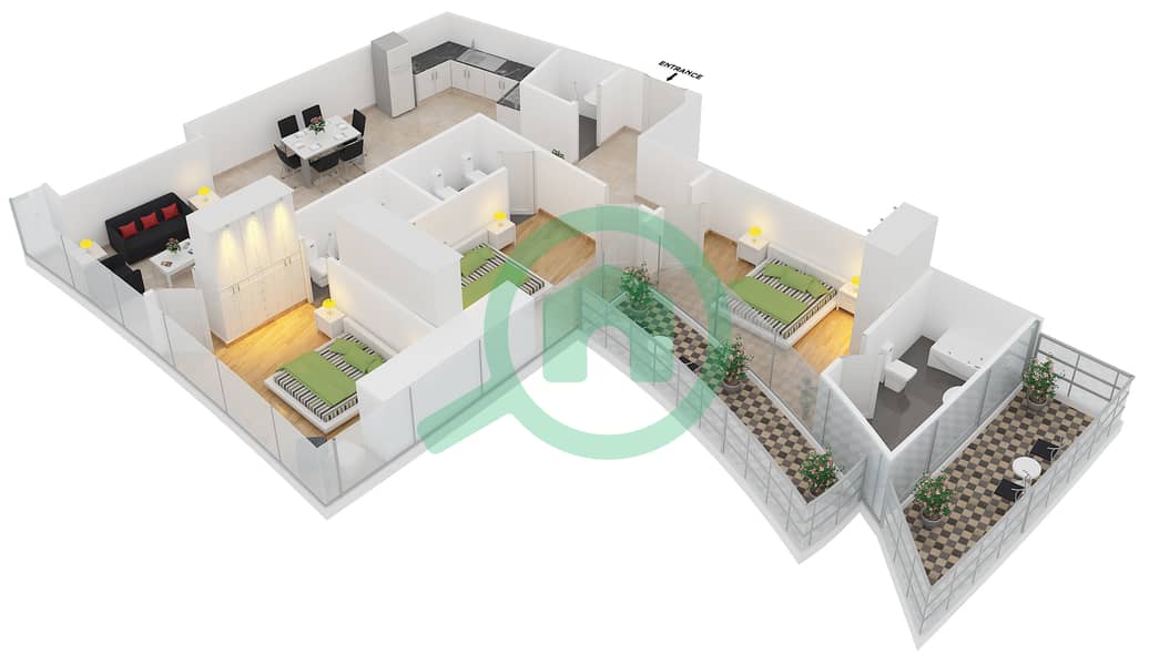DAMAC Heights - 3 Bedroom Apartment Unit 1105 Floor plan interactive3D