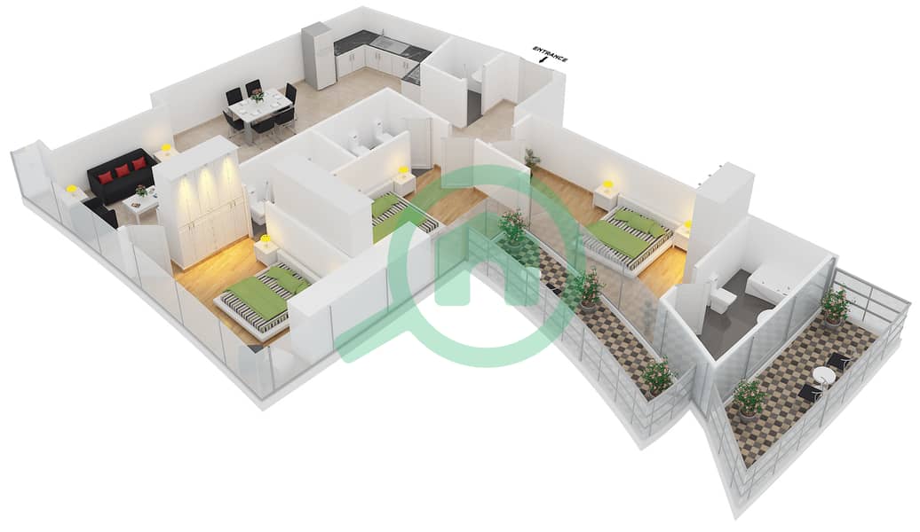 DAMAC Heights - 3 Bedroom Apartment Unit 1205 Floor plan interactive3D