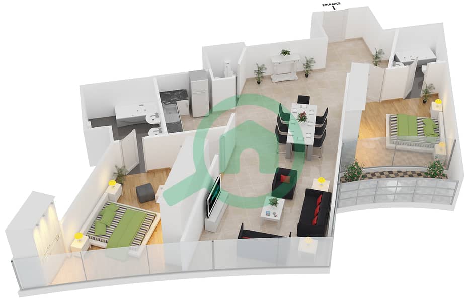 DAMAC Heights - 2 Bedroom Apartment Unit 1206 Floor plan interactive3D