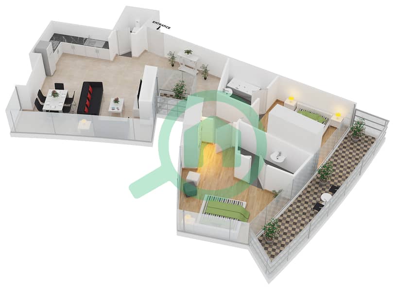 达马克塔楼 - 2 卧室公寓单位1210戶型图 interactive3D