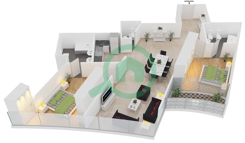 المخططات الطابقية لتصميم الوحدة 1106 شقة 2 غرفة نوم - داماك هايتس interactive3D