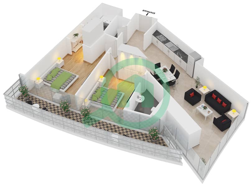 DAMAC Heights - 2 Bedroom Apartment Unit 106 Floor plan interactive3D