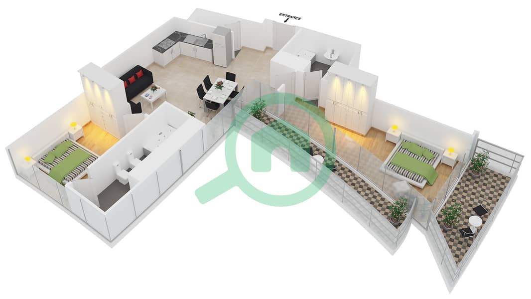المخططات الطابقية لتصميم الوحدة 405 شقة 2 غرفة نوم - داماك هايتس interactive3D