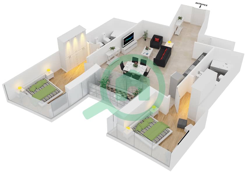 المخططات الطابقية لتصميم الوحدة 406 شقة 2 غرفة نوم - داماك هايتس interactive3D