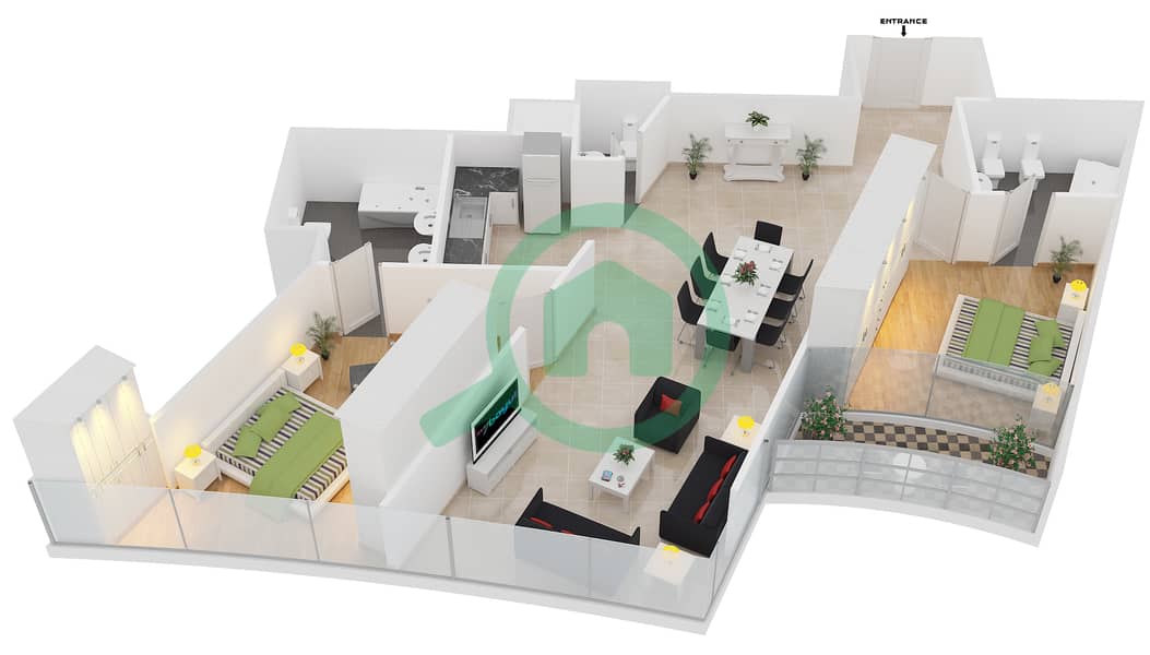 DAMAC Heights - 2 Bedroom Apartment Unit 906 Floor plan interactive3D