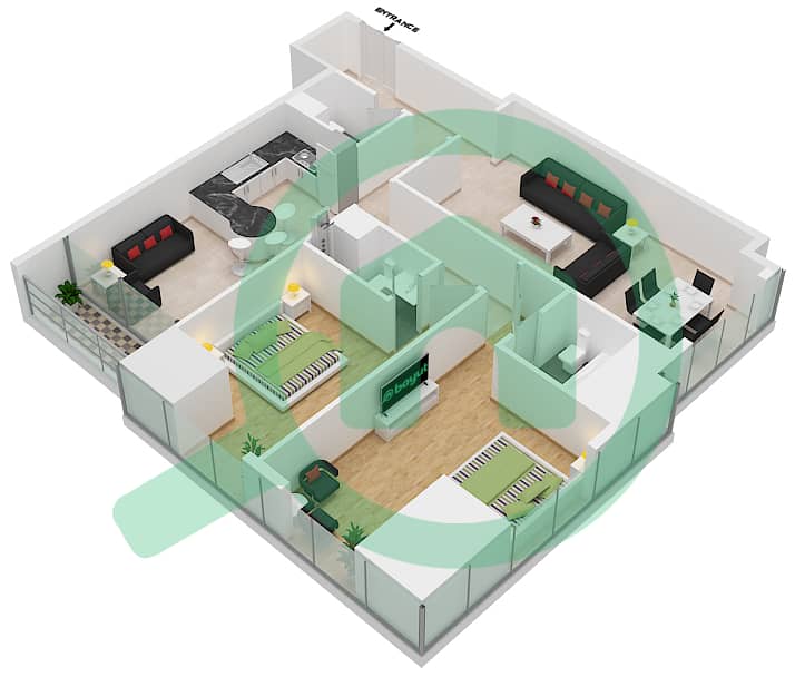 精英公寓 - 2 卧室公寓类型／单位1B/2戶型图 interactive3D