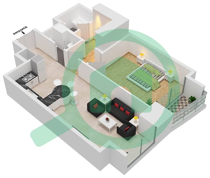 المخططات الطابقية لتصميم النموذج / الوحدة 1B/3 شقة 1 غرفة نوم - إيليت ريزيدنس interactive3D