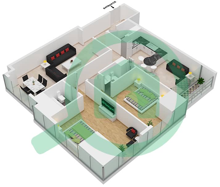 المخططات الطابقية لتصميم النموذج / الوحدة 1A/5 شقة 2 غرفة نوم - إيليت ريزيدنس interactive3D
