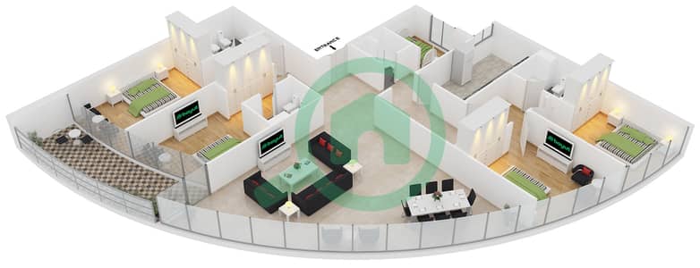 المخططات الطابقية لتصميم النموذج A شقة 4 غرف نوم - برج هورايزون دبي مارينا
