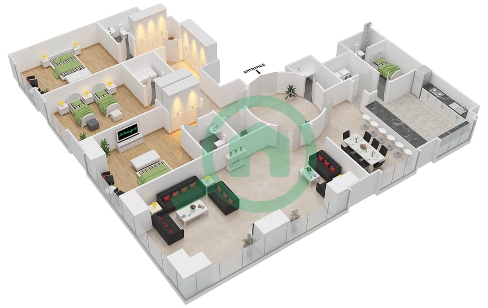 المخططات الطابقية لتصميم النموذج A شقة 3 غرف نوم - مارينا 101 interactive3D