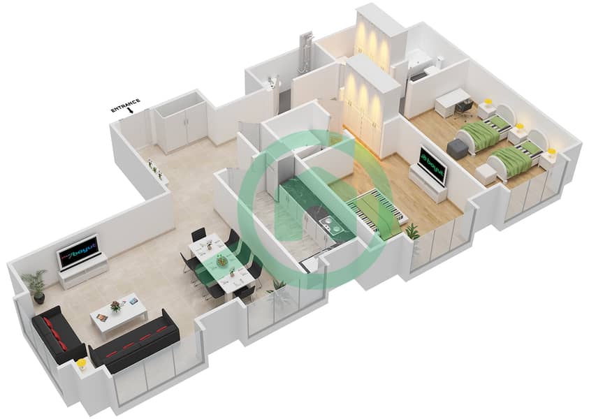 المخططات الطابقية لتصميم النموذج A شقة 2 غرفة نوم - مارينا 101 interactive3D