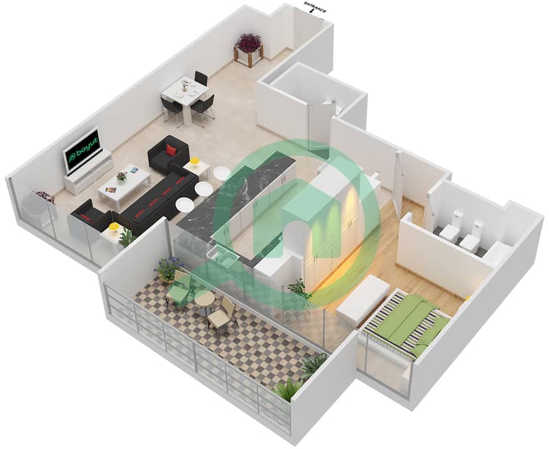 珠宝大厦 - 1 卧室公寓类型AGATE戶型图 interactive3D
