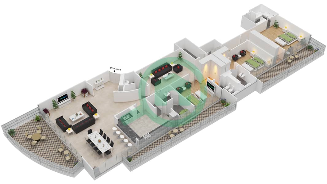 المخططات الطابقية لتصميم النموذج TOPAZ شقة 3 غرف نوم - أبراج الجواهر التوأم interactive3D