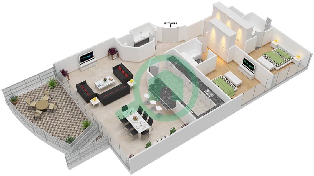 المخططات الطابقية لتصميم النموذج OPAL شقة 2 غرفة نوم - أبراج الجواهر التوأم interactive3D