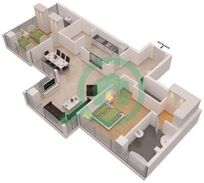 المخططات الطابقية لتصميم الوحدة 2 FLOOR 1 شقة 2 غرفة نوم - أيريس بلو