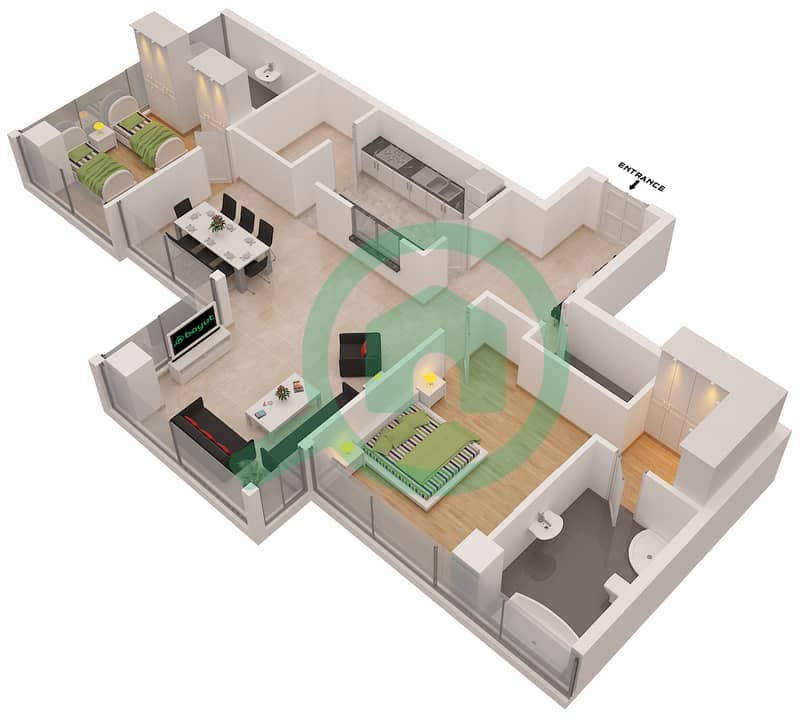 المخططات الطابقية لتصميم الوحدة 2 FLOOR 1 شقة 2 غرفة نوم - أيريس بلو interactive3D