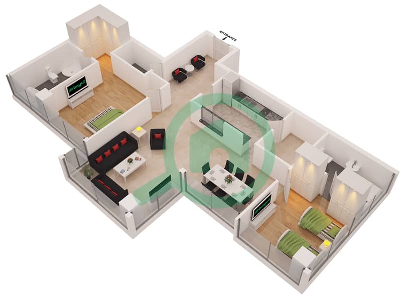 Ирис Блю - Апартамент 2 Cпальни планировка Единица измерения 1 FLOOR 1 interactive3D