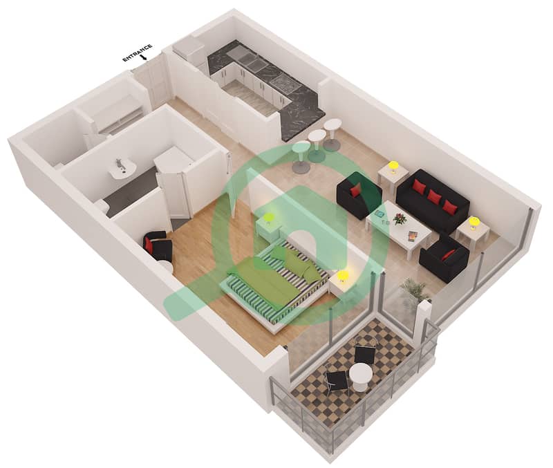 蓝色鸢尾大厦 - 1 卧室公寓单位3 FLOOR 2-23戶型图 interactive3D