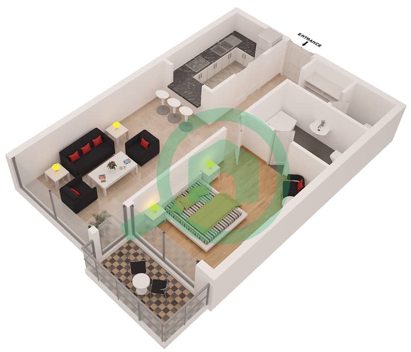 المخططات الطابقية لتصميم الوحدة 6 شقة 1 غرفة نوم - أيريس بلو interactive3D