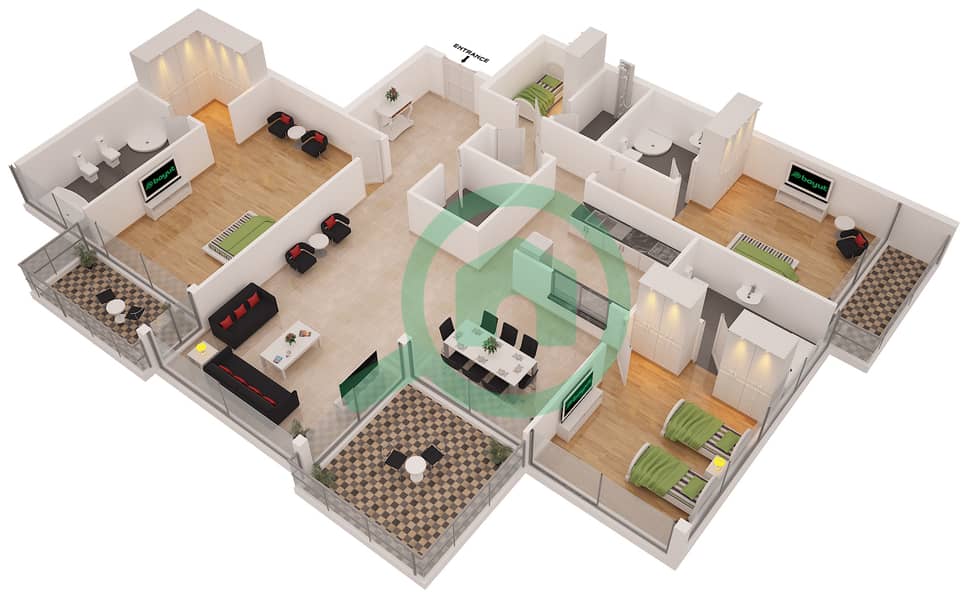 المخططات الطابقية لتصميم الوحدة 1 شقة 3 غرف نوم - أيريس بلو interactive3D