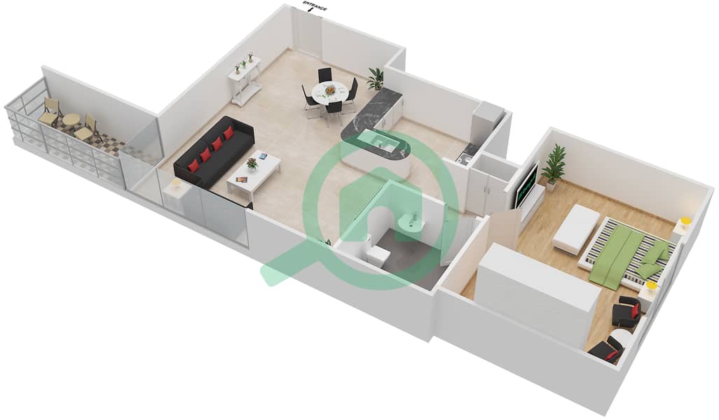 滨海钻石4号楼 - 1 卧室公寓类型／单位A/5,10戶型图 interactive3D