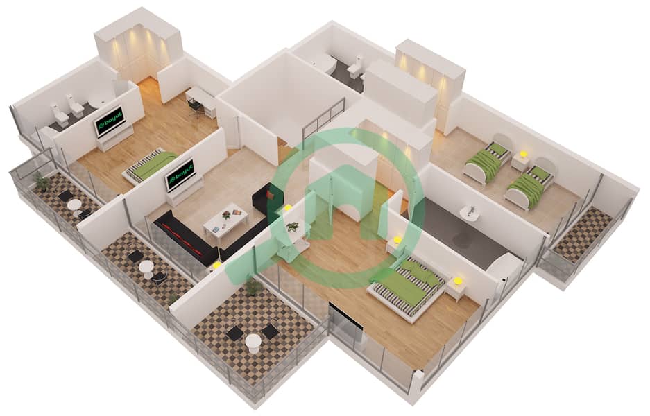 Ирис Блю - Апартамент 4 Cпальни планировка Единица измерения 3 interactive3D