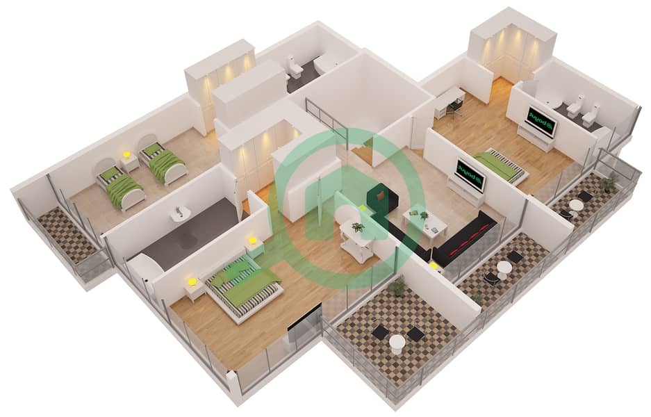 المخططات الطابقية لتصميم الوحدة 4 شقة 4 غرف نوم - أيريس بلو interactive3D