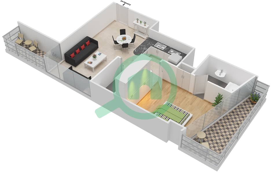 滨海钻石4号楼 - 1 卧室公寓类型／单位A1/5,10戶型图 interactive3D