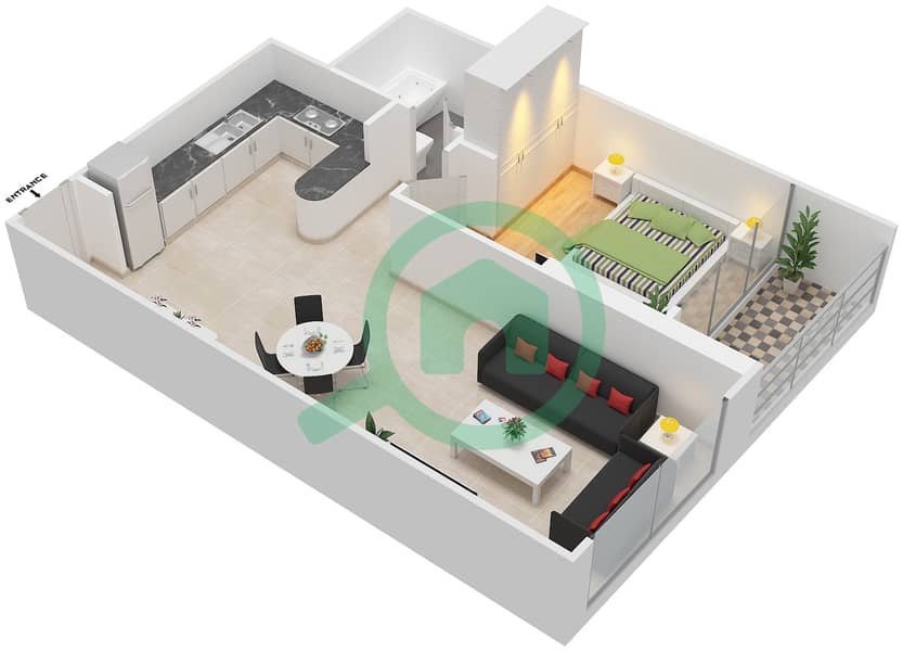 滨海钻石4号楼 - 1 卧室公寓类型／单位C/7.8戶型图 interactive3D