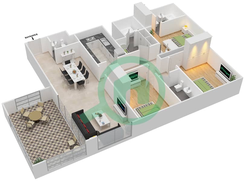 Marina Diamond 4 - 3 Bedroom Apartment Type/unit A/5,10 Floor plan interactive3D