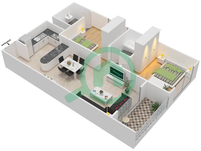 滨海钻石4号楼 - 2 卧室公寓类型／单位A1/1,4戶型图 interactive3D