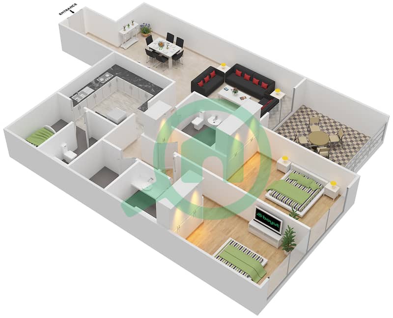 المخططات الطابقية لتصميم النموذج / الوحدة B/2,3 شقة 2 غرفة نوم - مارينا دايموند 4 interactive3D