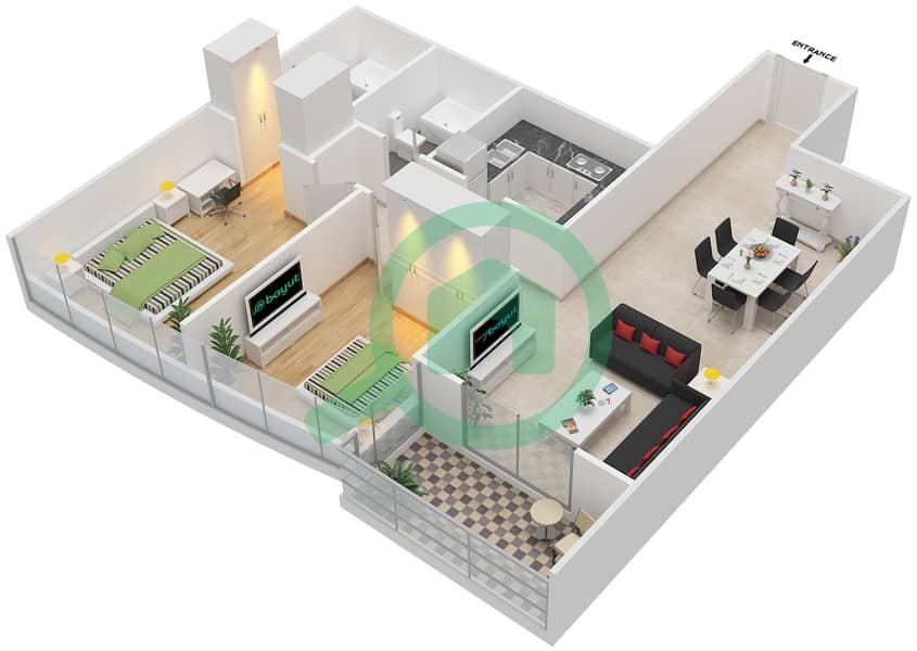 المخططات الطابقية لتصميم النموذج / الوحدة B1/2,3 شقة 2 غرفة نوم - مارينا دايموند 4 interactive3D