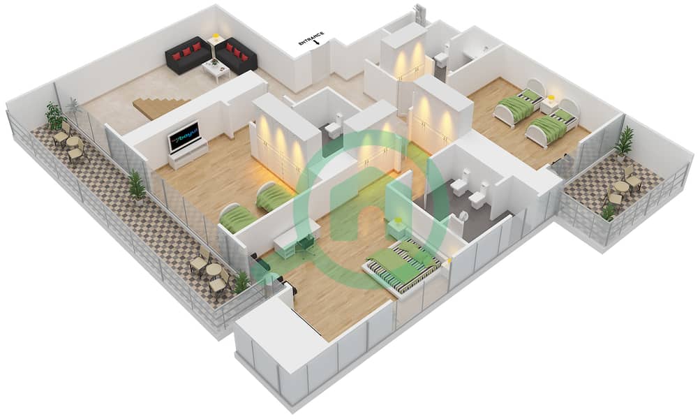 المخططات الطابقية لتصميم الوحدة 01/02 بنتهاوس 4 غرف نوم - سباركل تاور 1 interactive3D