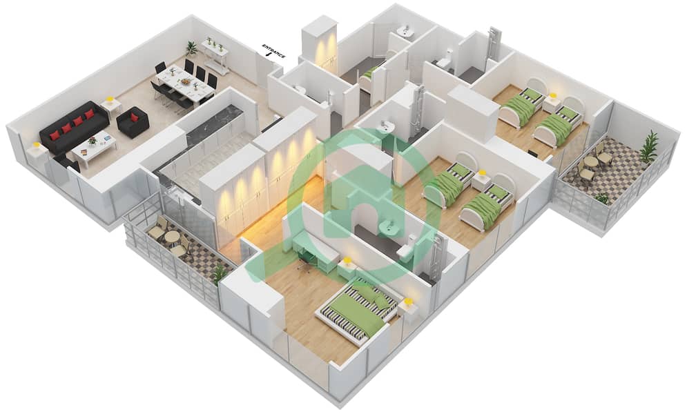 المخططات الطابقية لتصميم النموذج 3 شقة 3 غرف نوم - سباركل تاور 1 interactive3D