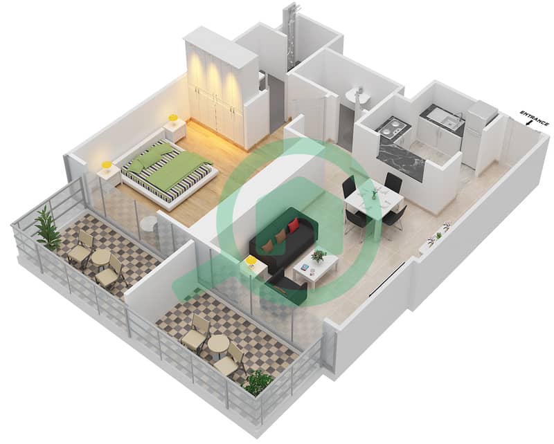 المخططات الطابقية لتصميم النموذج 4 شقة 1 غرفة نوم - سباركل تاور 1 interactive3D