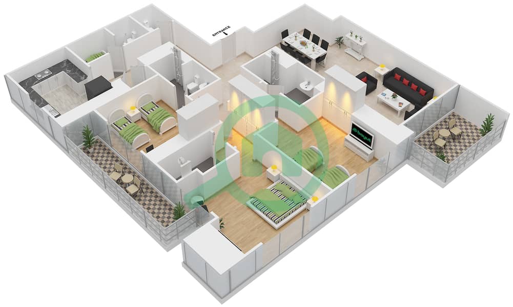 المخططات الطابقية لتصميم النموذج 2 شقة 3 غرف نوم - سباركل تاور 1 interactive3D