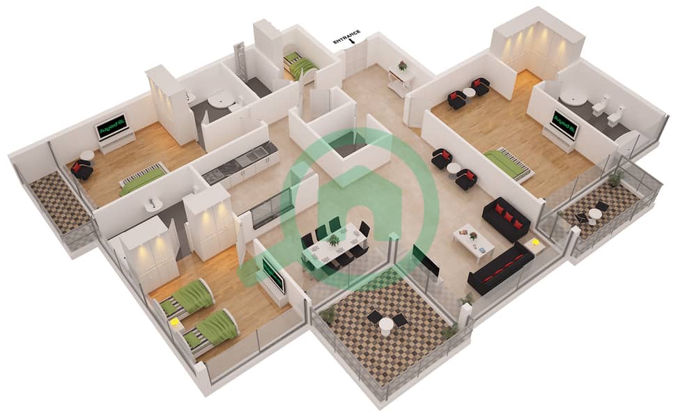 Ирис Блю - Апартамент 3 Cпальни планировка Единица измерения 2 interactive3D