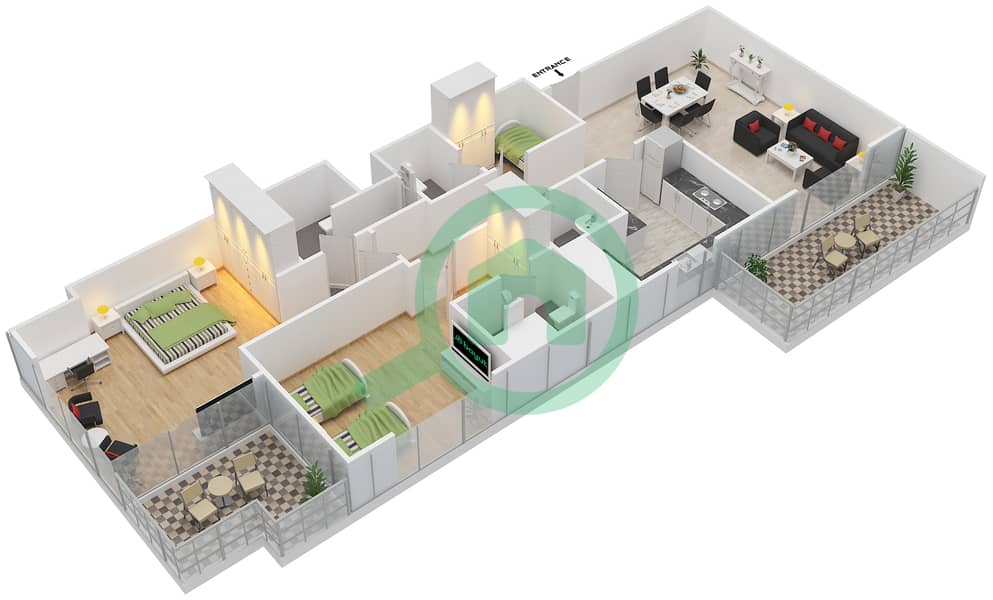 المخططات الطابقية لتصميم النموذج 1 شقة 2 غرفة نوم - سباركل تاور 2 interactive3D