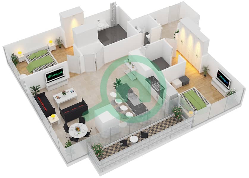 朱美拉生活滨海之门 - 2 卧室公寓类型2C戶型图 interactive3D
