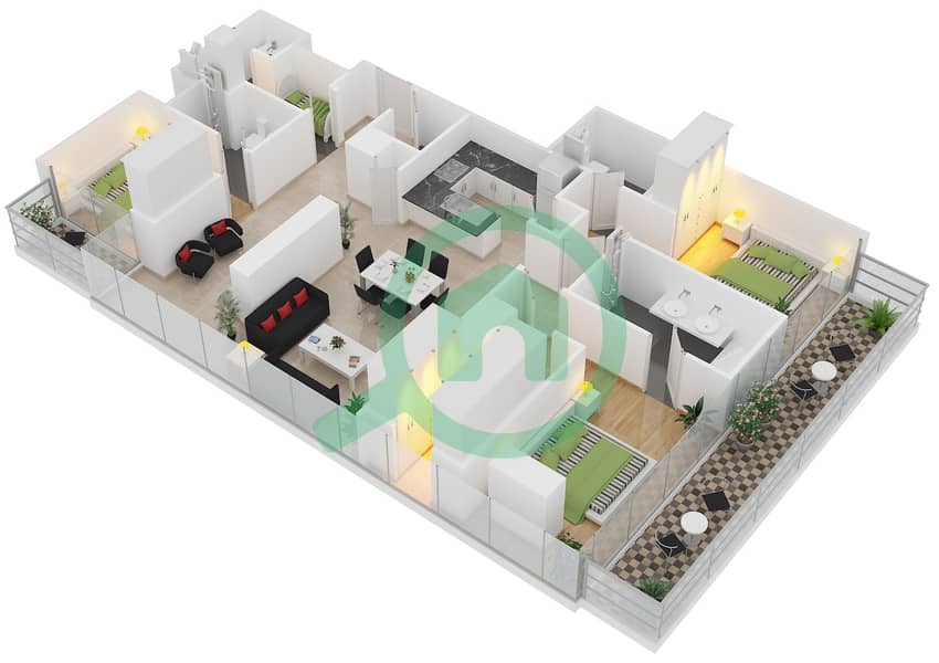 朱美拉生活滨海之门 - 3 卧室公寓类型3B戶型图 interactive3D