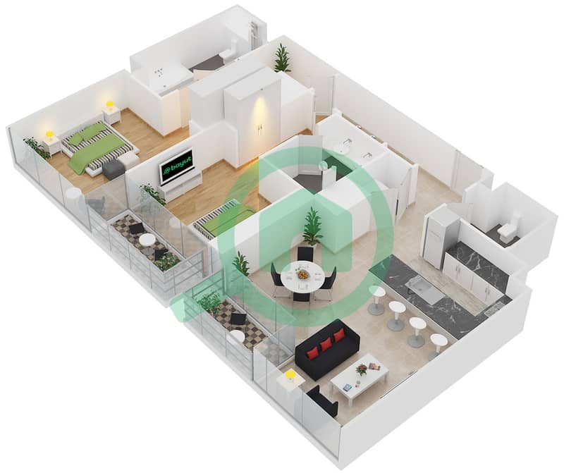 朱美拉生活滨海之门 - 2 卧室公寓类型2B戶型图 interactive3D