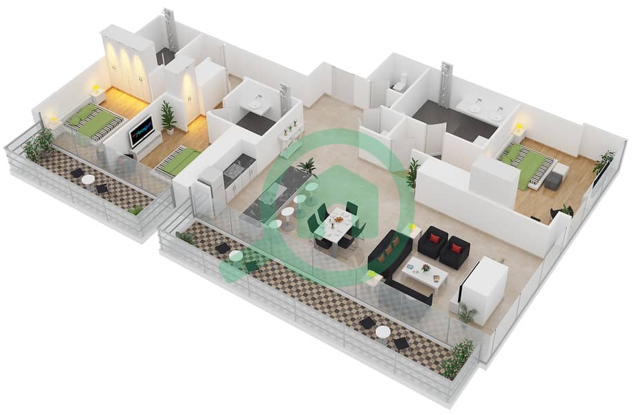 المخططات الطابقية لتصميم النموذج 3A شقة 3 غرف نوم - جميرا ليفينج بوابة المارينا interactive3D