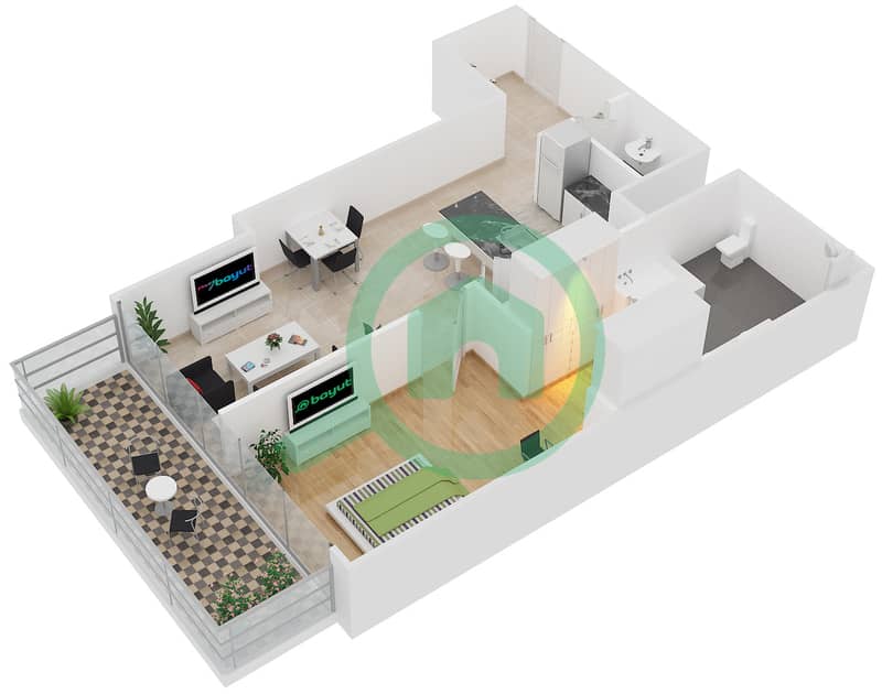 المخططات الطابقية لتصميم النموذج 1A شقة 1 غرفة نوم - جميرا ليفينغ مارينا جيت interactive3D